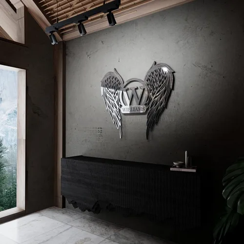 Miniatura 6 de Arte de pared de metal con alas de ángel, letrero con nombre personalizado, decoración moderna del hogar para sala de estar, dormitorio, oficina