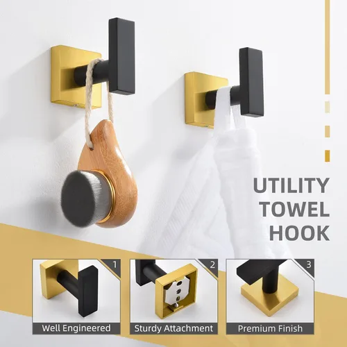 Miniatura 6 de Angle Simple Paquete de 2 ganchos para toallas de baño, soporte para bata de baño de acero inoxidable SUS 304 montado en la pared, negro y dorado