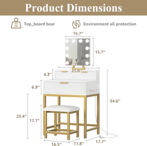 Miniatura 7 de BOLUO Tocador Dorado de Maquillaje con Espejo de Hollywood y Luces, Juego de Tocador para Niñas con Taburete, Mesa de Maquillaje Compacta