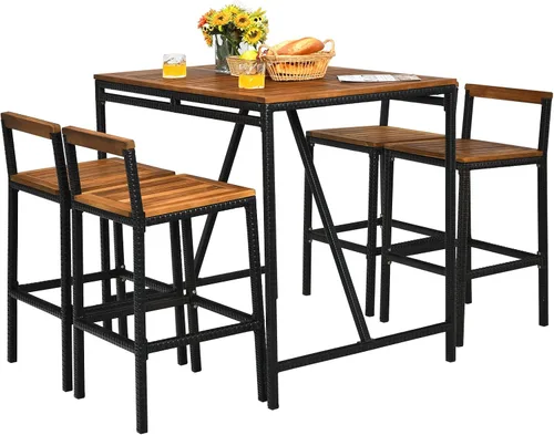 HAPPYGRILL Juego de mesa de bar de patio de 5 piezas con agujero para paraguas, madera de acacia, juego de bistró de alto comedor con 4 taburetes de