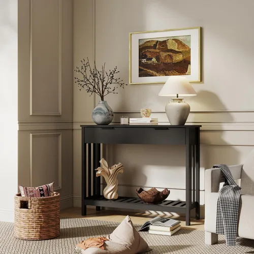 Miniatura 4 de TaoHFE Mesa de entrada negra con cajón, mesa consola estrecha moderna de madera con almacenamiento, mesa de pasillo, mesas de sofá para sala