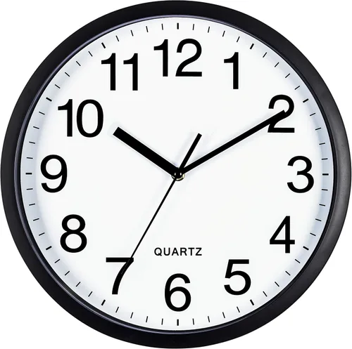 Bernhard Products Reloj de pared negro silencioso sin tictac de 10 pulgadas de cuarzo de calidad audaz, funciona con pilas, redondo, fácil de leer,