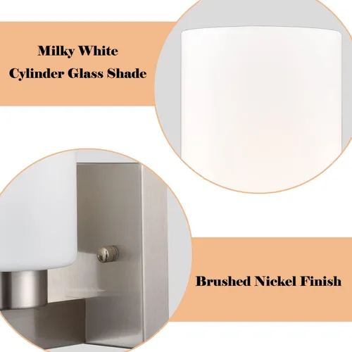 Miniatura 3 de DEYNITE Conjunto de dos apliques de pared modernos de níquel cepillado para baño con pantalla de vidrio cilíndrico blanco lechoso