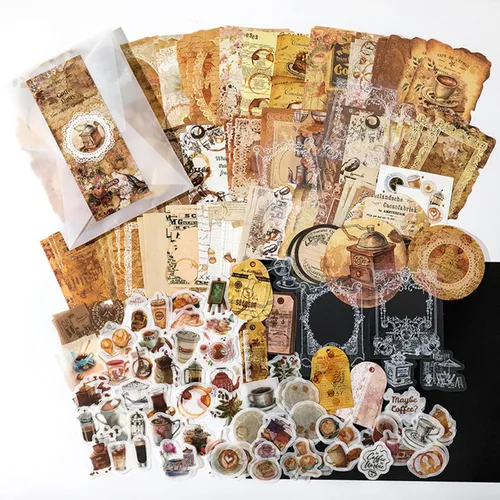 Paquete de 200 suministros vintage para álbumes de recortes para planificadores de diarios basura, papel decoupage, calcomanías de álbum de Café
