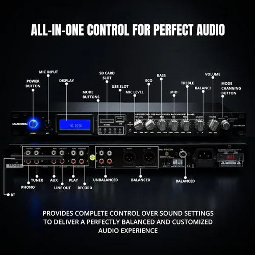Miniatura 3 de MUSYSIC MU-PRE2H Procesador de sonido de audio profesional Pre-Amp Bluetooth, USB/SD, MP3/Aux, radio FM, modo de grabación Pantalla LCD digital