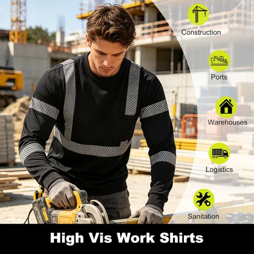 Miniatura 7 de FONIRRA Camisas reflectantes de seguridad de alta visibilidad para hombres ANSI Clase 3 Hi Vis, camisetas de trabajo de construcción de manga larga