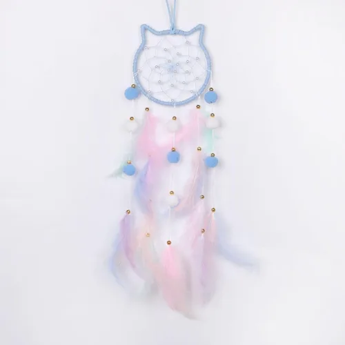 Pretty Jolly - Atrapasueños azul de gato para niños, decoración de pared con pompones y plumas, atrapasueños hecho a mano para niños, decoración del