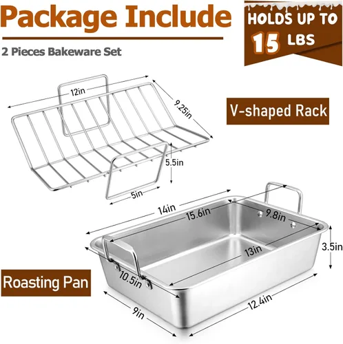 Miniatura 2 de Sartén para asar con estante para pavo y pollo, sartén para asar de acero inoxidable Joyfair y estante en V para horno tostador, utensilio de horneo