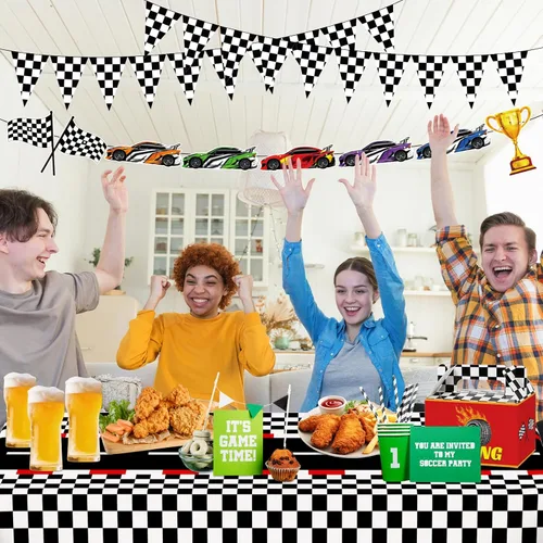 Miniatura 4 de WNINK Manteles con temática de auto de carreras, cartel de feliz cumpleaños, mantel rectangular de carreras, kit de decoración de fiesta de auto