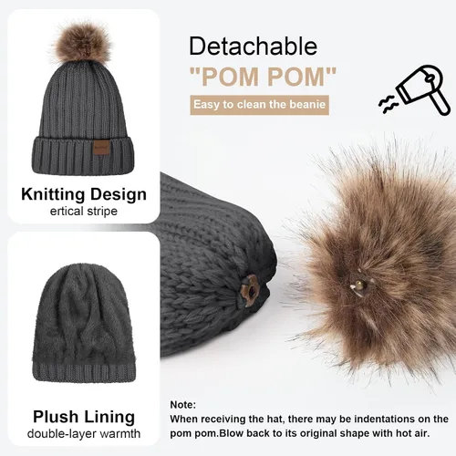 Miniatura 2 de Gorros de invierno para mujer, conjunto de gorro, bufanda, guantes cálidos para pantalla táctil, bufandas largas de punto, gorro con pompones