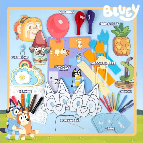 Miniatura 2 de Funda Bluey Imagination, 15 juegos y actividades, juego Bluey apto para viajes con marcadores, crayones, globos, marionetas y juegos para niños de 3