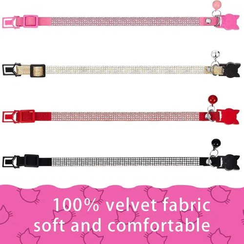 Miniatura 4 de Weewooday 4 collares de gato con diamantes de imitación, collar de gato con campana, accesorios brillantes para mascotas con terciopelo suave, 4