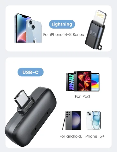 Miniatura 5 de Mini micrófono de solapa inalámbrico para iPhone y Android, micrófonos de clip dual con funda de carga de 30 horas, cancelación de ruido