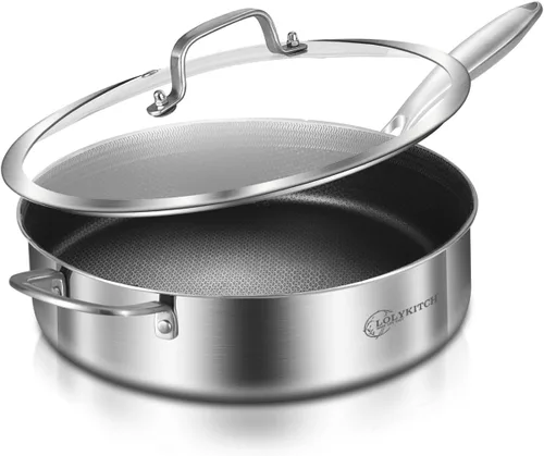 Miniatura 8 de LOLYKITCH Sartén tricapa de acero inoxidable de cuerpo entero de 5.5 QT con tapa, sartén para freír de 12 pulgadas, olla grande, apta para Plateado