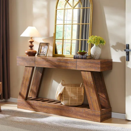 Miniatura 7 de Mesa de entrada de granja de 60 pulgadas con cajón, mesa de vestíbulo de madera con base resistente (roble rústico claro)