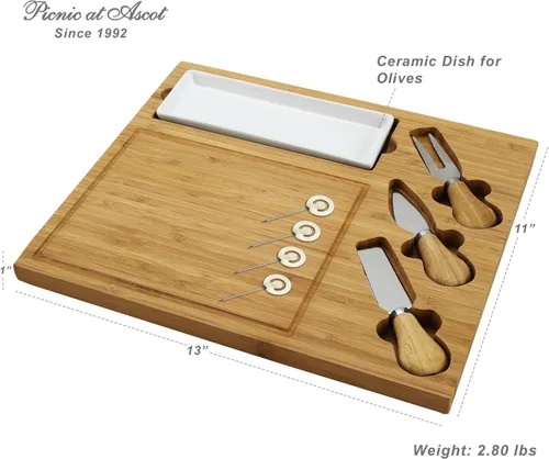Miniatura 4 de Tabla de cortar de bambú grabada personalizada para queso y embutidos con plato de cerámica, juego de cuchillos y marcadores de queso, diseñada