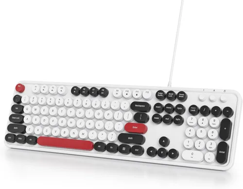 Owpkeenthy Teclado de máquina de escribir con llave redonda retro con cable, tamaño completo, silencioso, Plug and Play USB con soportes plegables