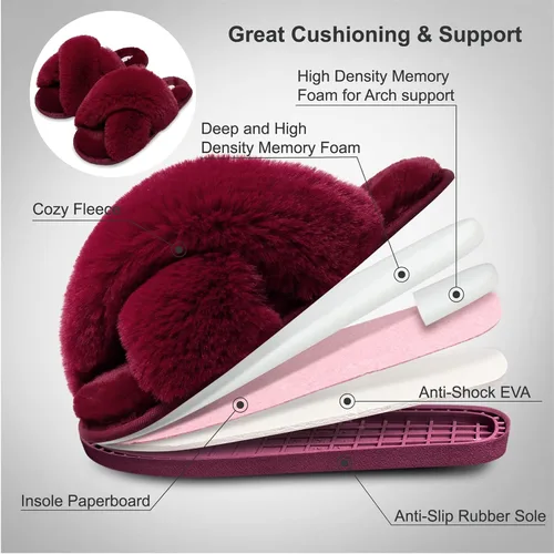 Miniatura 4 de JIASUQI - Pantuflas cruzadas mullidas y peludas con punta abierta para mujer, con acolchado de espuma viscoelástica