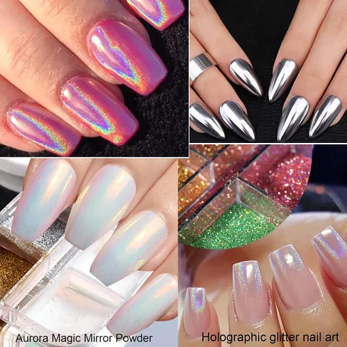 Miniatura 5 de Juego de 2 cajas de 24 colores holográficos cromados para uñas Nail Powders Laser Shining Glitter Metallic Mirror Effect Holographic Aurora