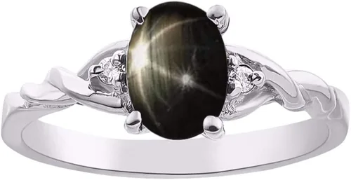Rylos Anillo para mujer con forma ovalada piedra preciosa de zafiro de estrella negra y diamantes brillantes genuinos en plata de ley 925 - piedra