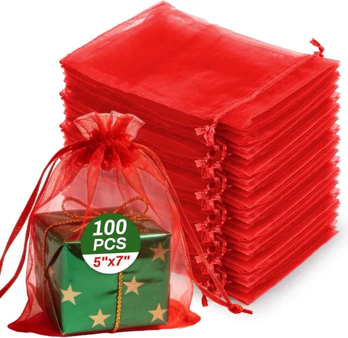 Miniatura 9 de Sukh 100 bolsas de organza de 5''x7'' - Bolsas de malla transparente blanca con cordón para joyas, jabón, frutas, dulces, pequeñas bolsas de regalo