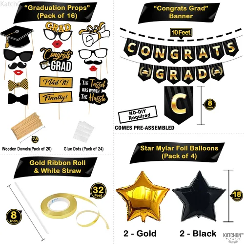 Miniatura 3 de Gran juego de globos de graduación dorados 2022 – Suministros para fiesta de graduación 2022 Decoraciones de graduación en negro y dorado 2022