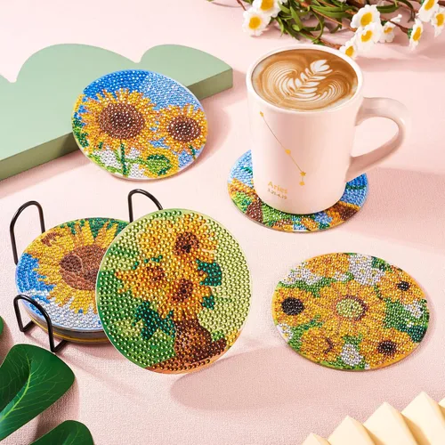 Miniatura 4 de Cheriswelry 8 posavasos de girasol para bricolaje, diseño de flores, diamantes con soporte 5D, kit de alfombrilla de pintura de diamantes