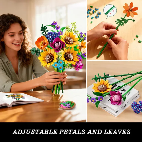 Miniatura 4 de CUBIMANA Juego de construcción de ramo de flores silvestres con luces, 912 piezas, colección de flores silvestres, 18 botánicos, bloques