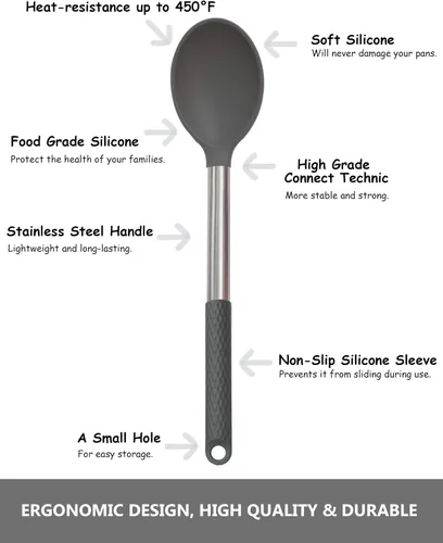 Miniatura 3 de Juegos de utensilios de cocina: Utensilios de cocina de silicona con mango de acero inoxidable Juego de 12 (gris)