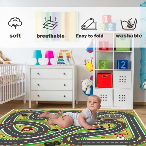 Miniatura 3 de Alfombra de juego para niños de 31 x 47 pulgadas, suave y antideslizante, alfombra de coche de mapa, alfombra para niños, autos de juguete, pista