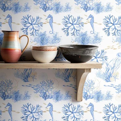 RUSPEPA - Papel tapiz de despegar y pegar, tema de océano azul con diseño de arrecife de coral y vida marina, papel adhesivo impermeable para