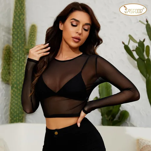 Miniatura 7 de JASGOOD Camiseta corta de malla para mujer, de manga larga, transparente, blusa transparente