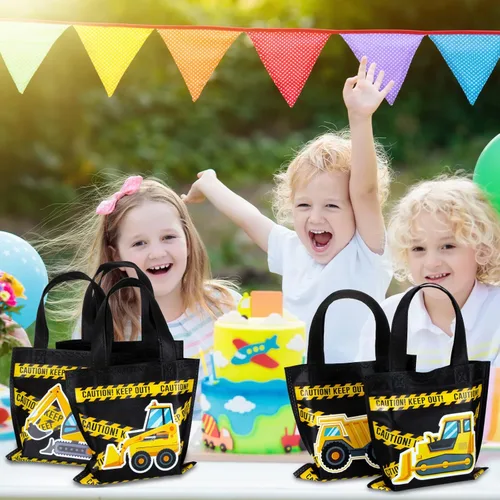 Miniatura 6 de Photect 24 piezas de bolsas de regalo con temática de construcción, camión volquete no tejido con asas, excavadora, tractor, caramelo, paquete