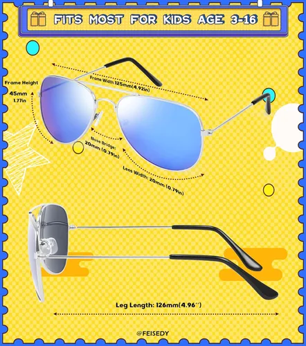 Miniatura 5 de FEISEDY Lentes de sol clásicos para niños y niñas, lentes de sol piloto reflectantes con marco de metal, para bebés de 3 a 16 años, B2786