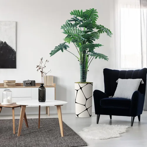 Miniatura 9 de Árbol artificial en macetero con patrón geométrico, palmera tropical areca artificial de seda para decoración del hogar en interiores y exteriores