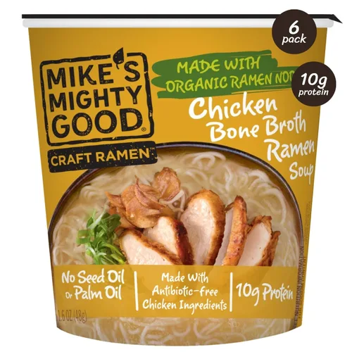 Miniatura 10 de Taza de ramen de caldo de hueso de cerdo Mike’s Mighty Good (Paquete de 6) – 8g de proteína Fideos ramen instantáneos – Orgánicos al vapor, sin OGM