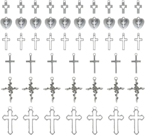 yueton 60 dijes de aleación con forma de corazón y cruz, colgantes de la suerte, colgantes de oración para llaveros, aretes, pulseras, collares,