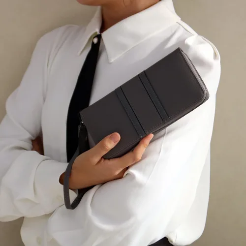Miniatura 5 de Carteras con cremallera para mujer, de gran capacidad, cartera larga para chequera, cartera de mano con correa para la muñeca, Gris, Classic