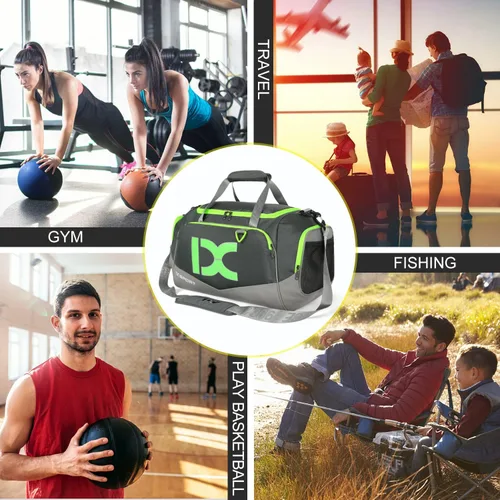 Miniatura 6 de INOXTO Bolsa de deporte de fitness con compartimento para zapatos, impermeable, bolsa de viaje para mujeres y hombres, Gris, verde