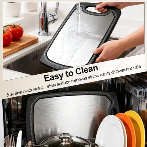 Miniatura 4 de Viretang Tabla de cortar pequeña de acero inoxidable apta para lavavajillas, tablas de cortar reversibles de doble cara para cocina, tabla de cortar