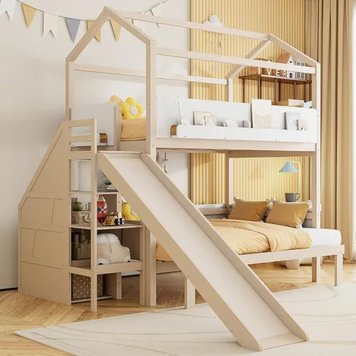 Miniatura 9 de Litera de casa individual sobre cama individual con tobogán convertible y nido, litera de madera maciza con techo y ventana para niños, verde-blanco