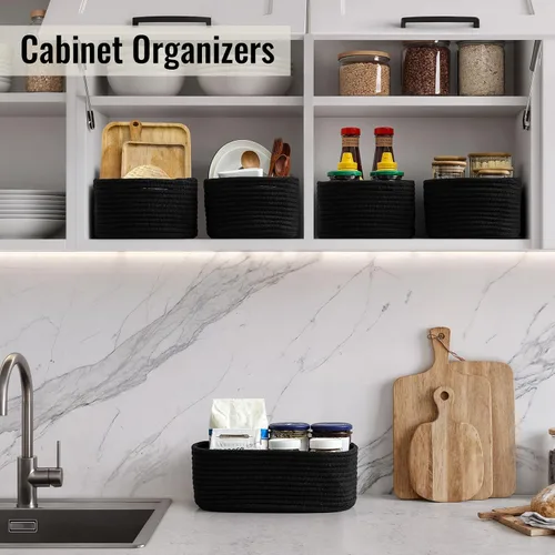 Miniatura 3 de Paquete de 8 cestas de almacenamiento pequeñas para organizar, cubos de cuerda tejida para baño, armario, organizador de estantes, bonita caja Negro