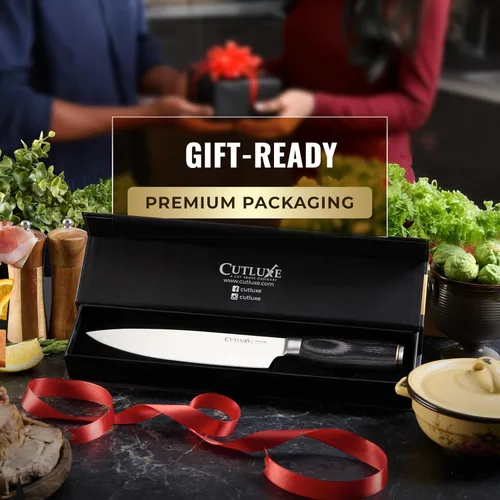 Miniatura 7 de Cuchillo de chef Cutluxe – Cuchillo de cocina japonés ultra afilado de 8 pulgadas, hoja de acero inoxidable de alto carbono, mango de Pakkawood