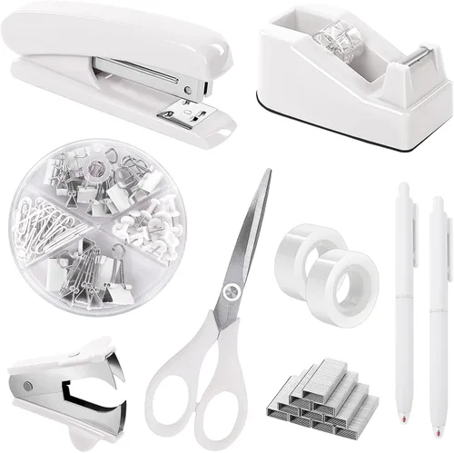 Miniatura 12 de SKYDUE Juego de suministros de oficina negros, accesorios de escritorio negros, grapadora, dispensador de cinta, tijeras, carpeta/clips de papel
