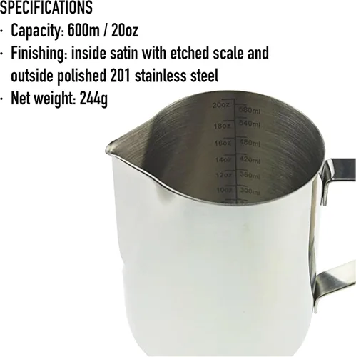 Miniatura 7 de Jarra de leche barista de 20 onzas para máquina de café, jarra de espuma de leche, vaporizador de metal, ideal para vaporizar leche de acero