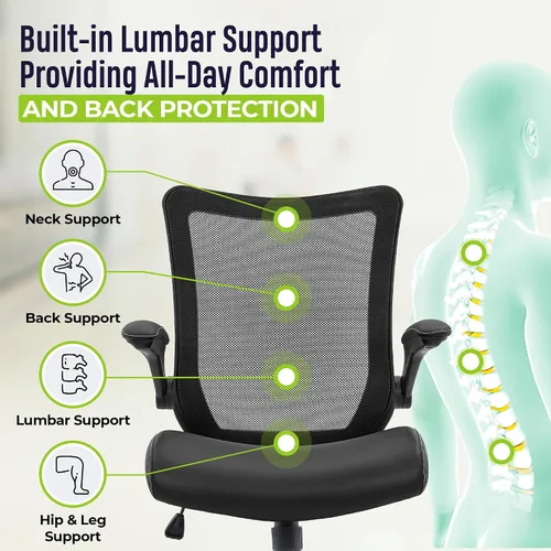 Miniatura 5 de OfficeFactor - Silla de escritorio de oficina, silla de escritorio ajustable de capacidad de 300 libras, reposabrazos abatibles, ruedas