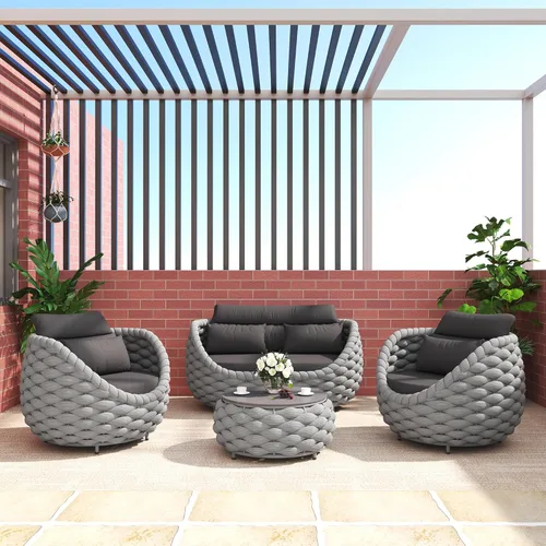 Miniatura 63 de TWT 3-Piece Woven Rope Patio Furniture Set, 2 Outdoor Armchairs with Soft Cushions + Round Aluminum Coffee Table, All-Weather Conversation Set for