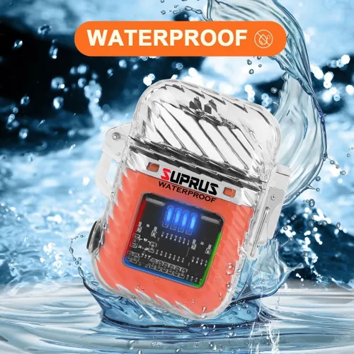 Miniatura 4 de SUPRUS Luminoso 3 modos de linterna resistente al viento, impermeable, encendedor eléctrico recargable de plasma de doble arco con silbato de Naranja