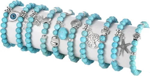 CASDAN 10 pulseras de cuentas redondas de piedra turquesa de 0.315in para mujeres y hombres, pulseras de cuentas elásticas de cristal curativo