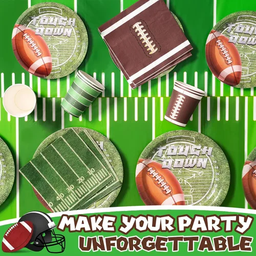Miniatura 5 de Decoraciones para fiestas de fútbol – 100 piezas de suministros para fiestas que sirven 24, pancartas de retocar, platos, mantel, taza y servilletas